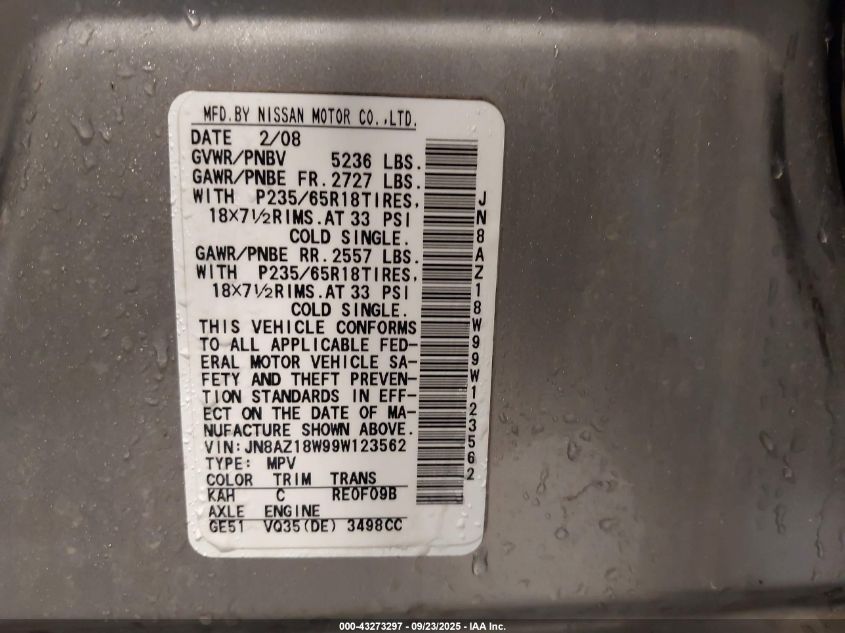 2009 Nissan Murano Sl VIN: JN8AZ18W99W123562 Lot: 43273297
