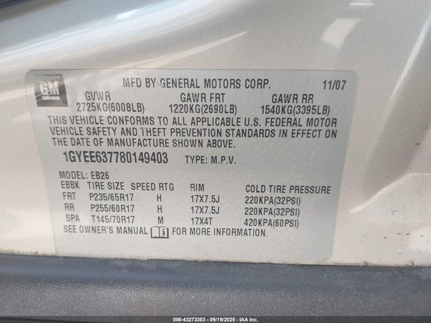 2008 Cadillac Srx V6 VIN: 1GYEE637780149403 Lot: 43273303