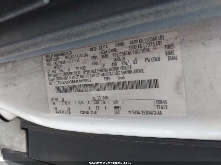 2015 Ford Transit-350 VIN: 1FTWS4XG5FKA05867 Lot: 43273315