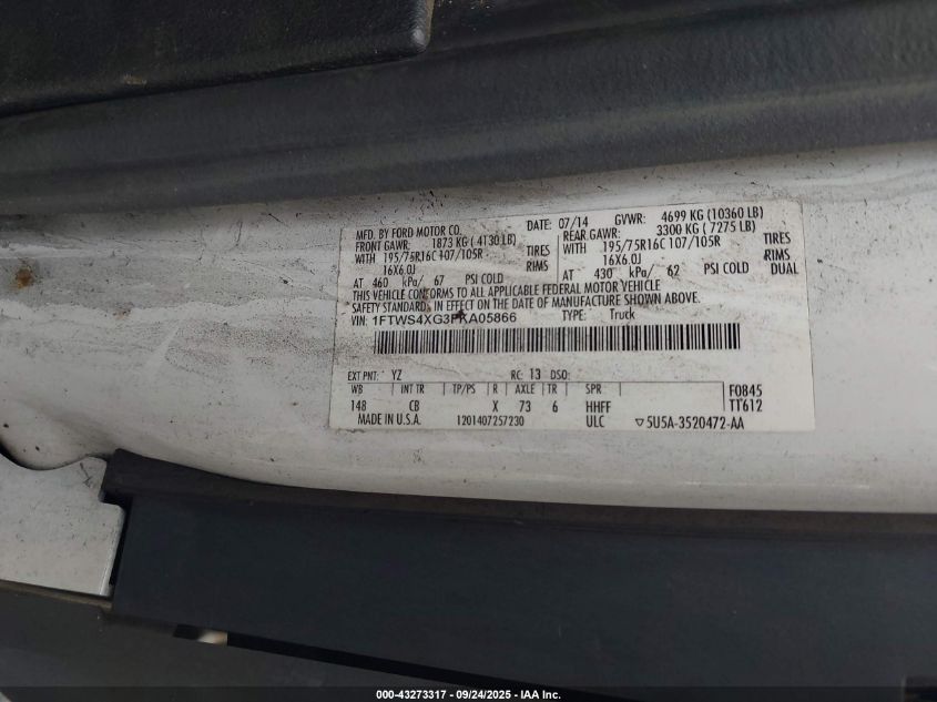 2015 Ford Transit-350 VIN: 1FTWS4XG3FKA05866 Lot: 43273317