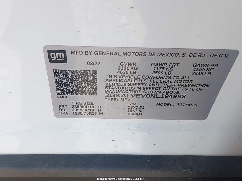 2022 GMC Terrain Awd Slt VIN: 3GKALVEV0NL194993 Lot: 43273321