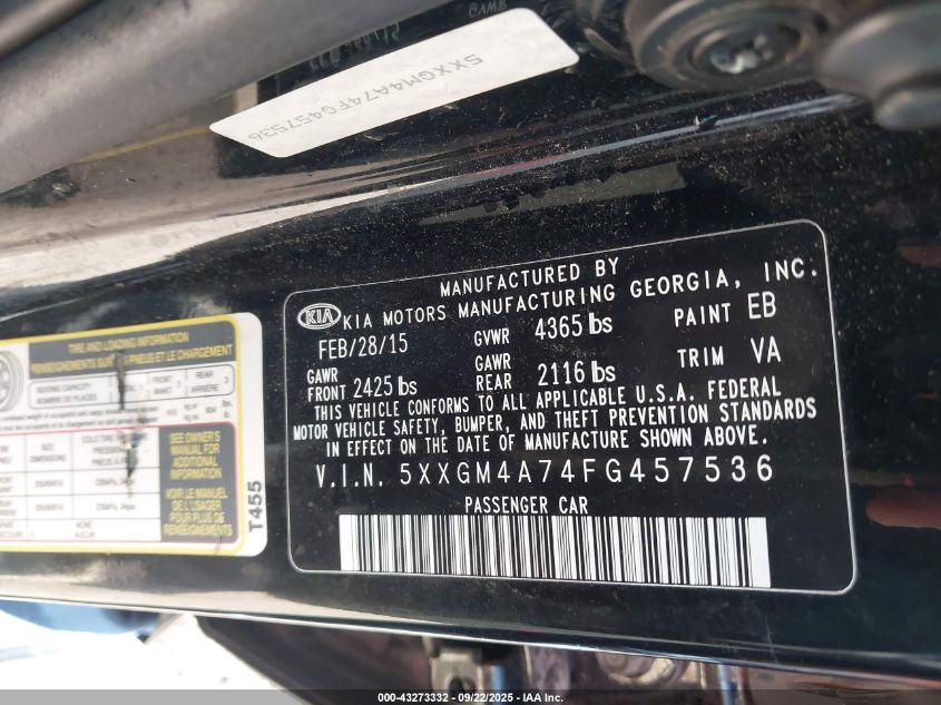 2015 Kia Optima Lx VIN: 5XXGM4A74FG457536 Lot: 43273332