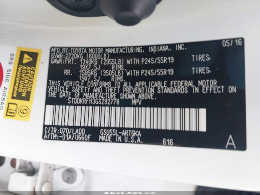 2016 Toyota Highlander Limited V6 VIN: 5TDDKRFH3GS292778 Lot: 43273345