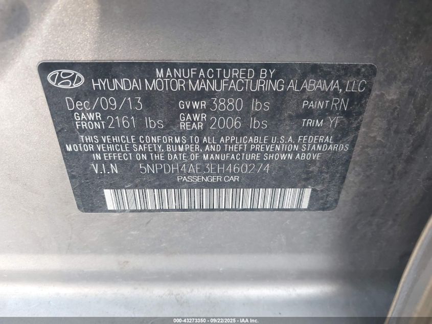 2014 Hyundai Elantra Se VIN: 5NPDH4AE3EH460274 Lot: 43273350