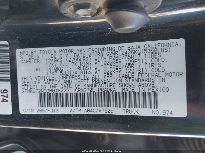 2009 Toyota Tacoma Prerunner V6 VIN: 3TMKU72N99M018022 Lot: 43273354