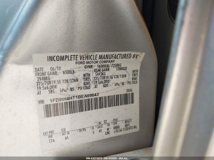 2011 Ford F-450 Chassis Xl VIN: 1FD9W4HT1BEA69843 Lot: 43273373