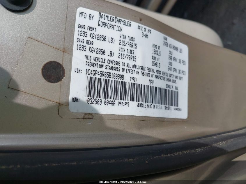 2005 Chrysler Town & Country VIN: 1C4GP45R65B160808 Lot: 43273391