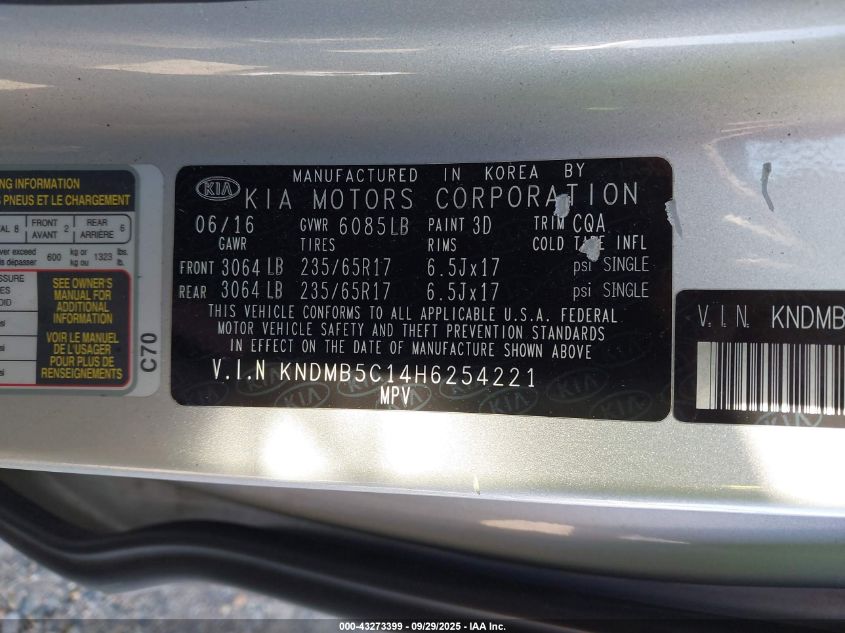 2017 Kia Sedona Lx VIN: KNDMB5C14H6254221 Lot: 43273399