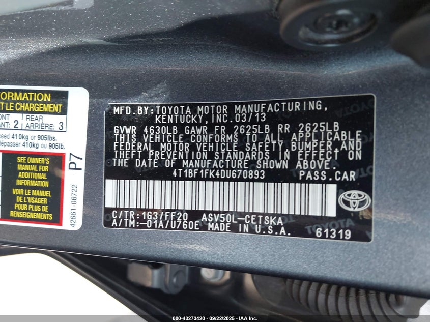2013 Toyota Camry L/Se/Le/Xle VIN: 4T1BF1FK4DU670893 Lot: 43273420