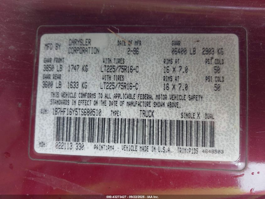 1996 Dodge Ram 1500 VIN: 1B7HF16Y5TS680510 Lot: 43273427