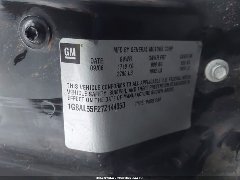 2007 Saturn Ion 3 VIN: 1G8AL55F27Z144350 Lot: 43273442