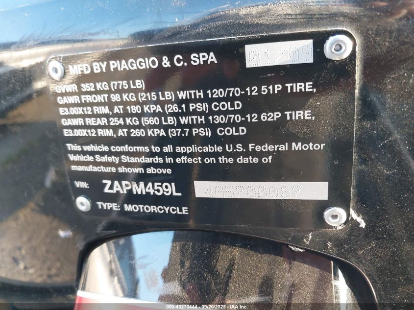 2010 Vespa Gts 300 Super VIN: ZAPM459L4A5700087 Lot: 43273444