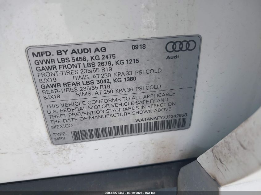 2018 Audi Q5 2.0T Premium/2.0T Tech Premium VIN: WA1ANAFY7J2242938 Lot: 43273447