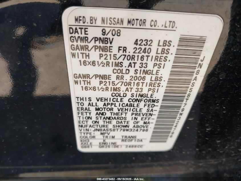 2009 Nissan Rogue S VIN: JN8AS58T79W324796 Lot: 43273452