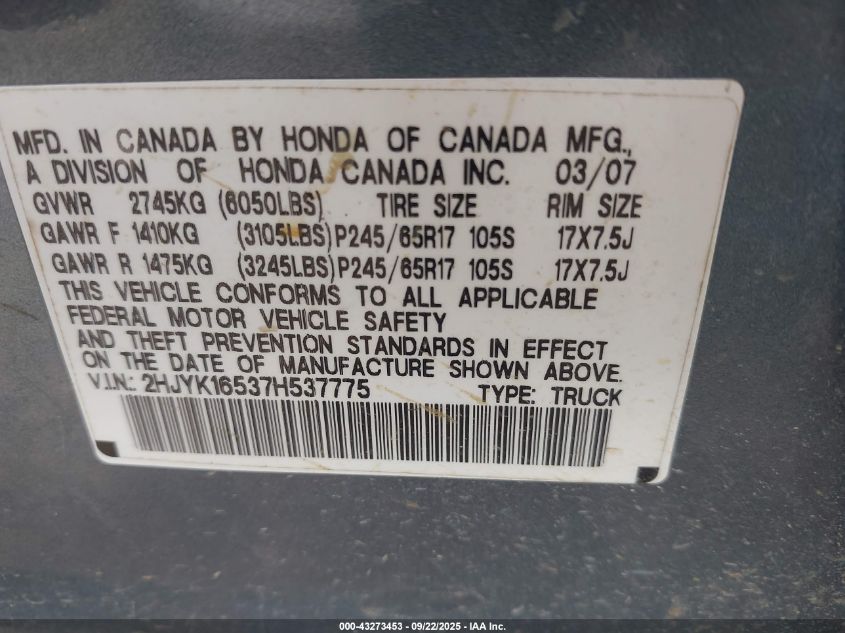2007 Honda Ridgeline Rtl VIN: 2HJYK16537H537775 Lot: 43273453