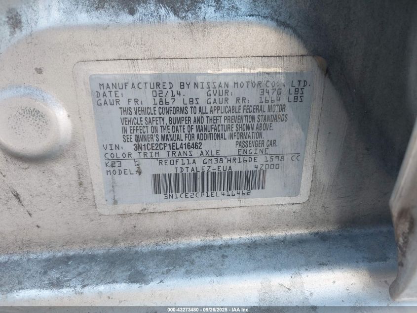 2014 Nissan Versa Note Sv VIN: 3N1CE2CP1EL416462 Lot: 43273480