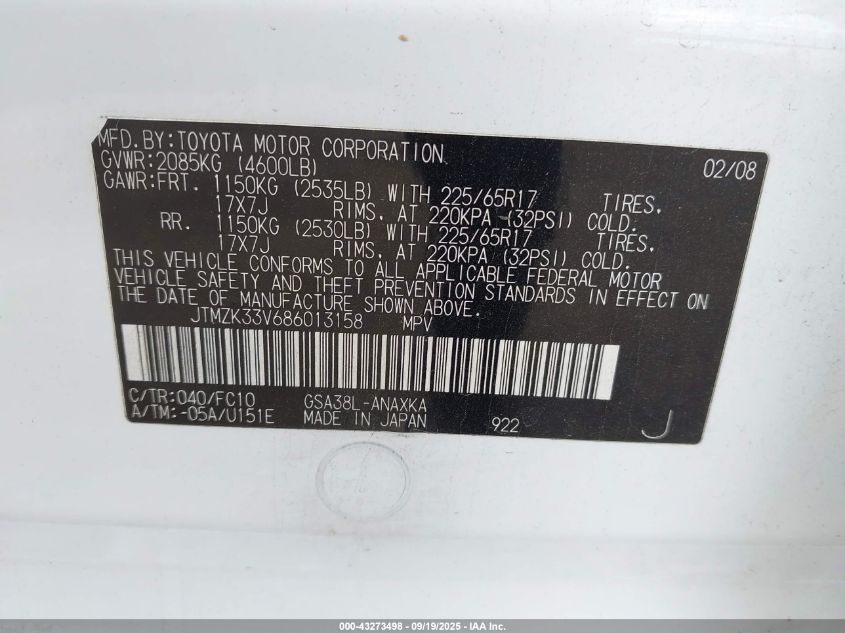 2008 Toyota Rav4 Base V6 VIN: JTMZK33V686013158 Lot: 43273498