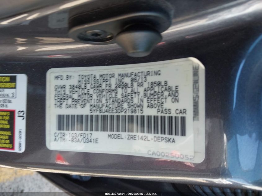 2013 Toyota Corolla S VIN: 5YFBU4EE3DP219815 Lot: 43273501