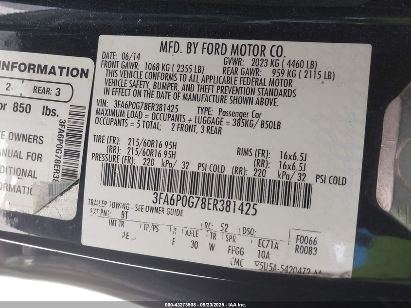 2014 Ford Fusion S VIN: 3FA6P0G78ER381425 Lot: 43273508