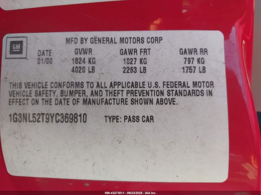 2000 Oldsmobile Alero Gl2 VIN: 1G3NL52T9YC369810 Lot: 43273511