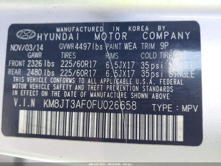 2015 Hyundai Tucson Gls VIN: KM8JT3AF0FU026658 Lot: 43273522