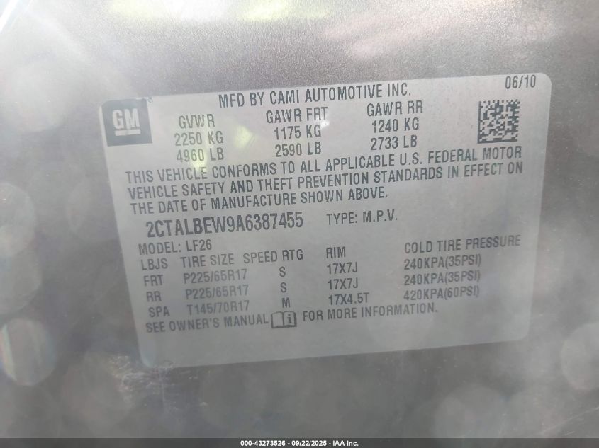 2010 GMC Terrain Sle-1 VIN: 2CTALBEW9A6387455 Lot: 43273526