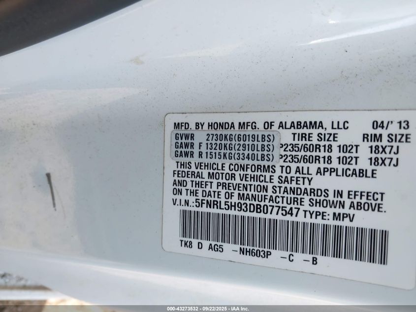 2013 Honda Odyssey Touring/Touring Elite VIN: 5FNRL5H93DB077547 Lot: 43273532