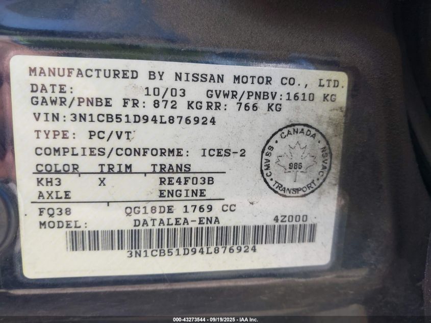 2004 Nissan Sentra 1.8/1.8S VIN: 3N1CB51D94L876924 Lot: 43273544