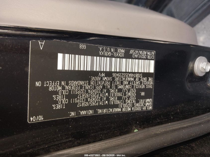 2005 Toyota Sequoia Limited V8 VIN: 5TDBT48A35S239406 Lot: 43273581