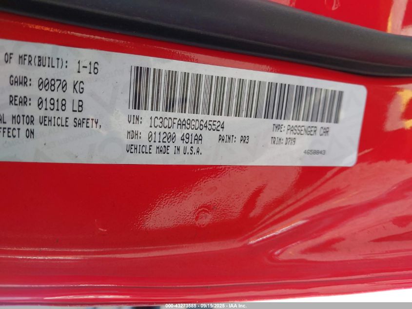 2016 Dodge Dart Se VIN: 1C3CDFAA9GD645524 Lot: 43273585