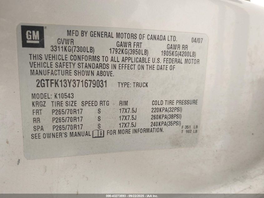 2007 GMC Sierra 1500 Sle1 VIN: 2GTFK13Y371679031 Lot: 43273593