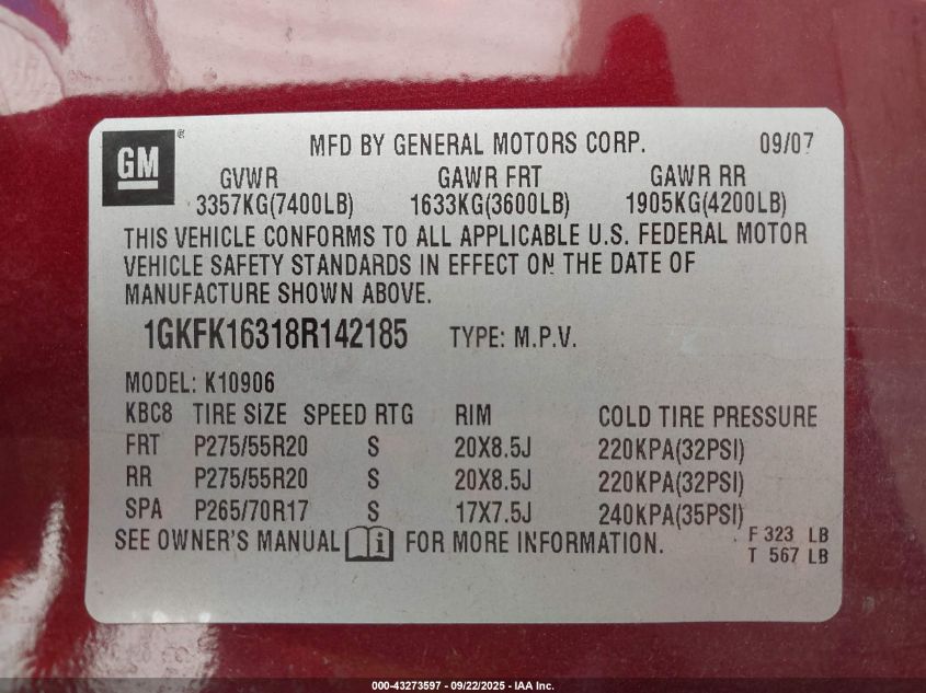 2008 GMC Yukon Xl 1500 Slt VIN: 1GKFK16318R142185 Lot: 43273597