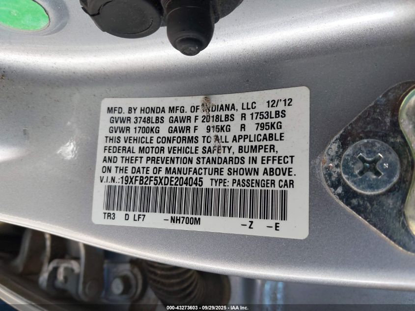 2013 Honda Civic Lx VIN: 19XFB2F5XDE204045 Lot: 43273603