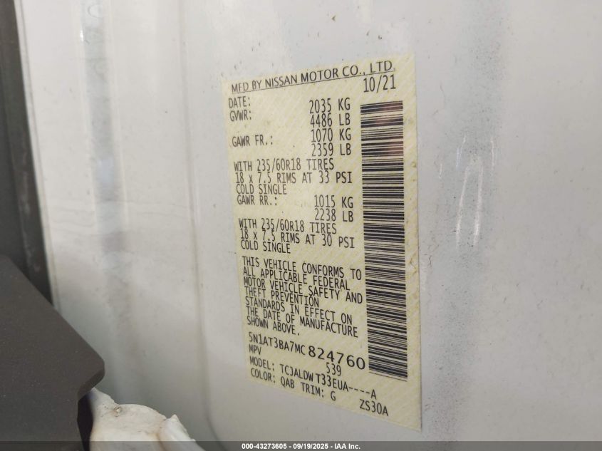 2021 Nissan Rogue Sv Fwd VIN: 5N1AT3BA7MC824760 Lot: 43273605