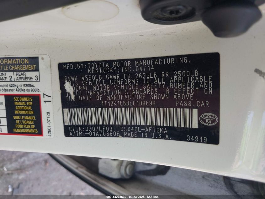 2014 Toyota Avalon Xle Premium VIN: 4T1BK1EB0EU109699 Lot: 43273632