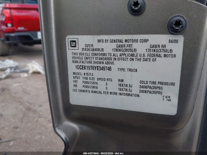 2000 Chevrolet Silverado 1500 Ls VIN: 1GCEK19T6YE349746 Lot: 43273642