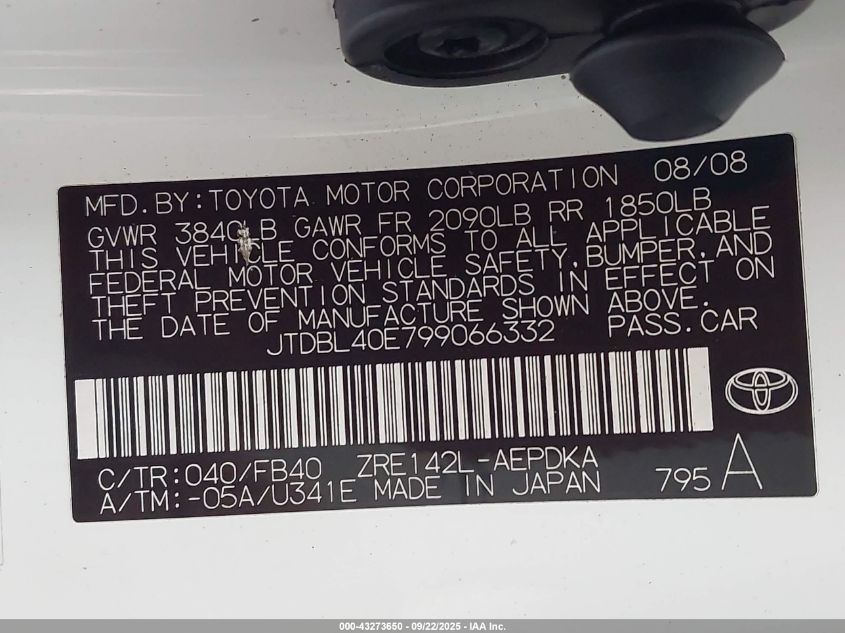 2009 Toyota Corolla Le VIN: JTDBL40E799066332 Lot: 43273650