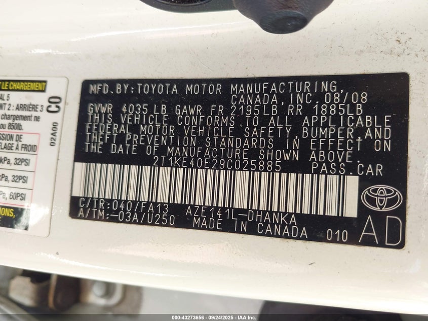 2009 Toyota Matrix S VIN: 2T1KE40E29C025885 Lot: 43273656