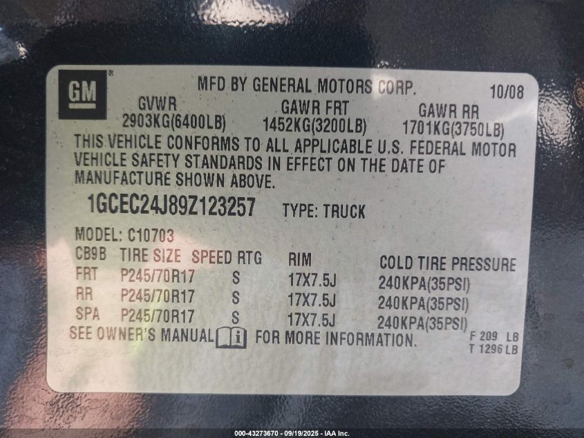 2009 Chevrolet Silverado 1500 Lt VIN: 1GCEC24J89Z123257 Lot: 43273670