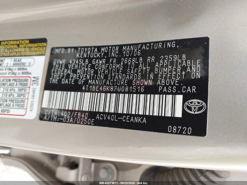 2007 Toyota Camry Le VIN: 4T1BE46K87U081516 Lot: 43273671