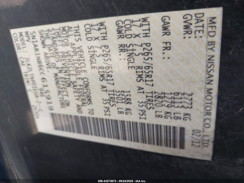 2012 Nissan Pathfinder Sv VIN: 5N1AR1NB6CC615919 Lot: 43273672