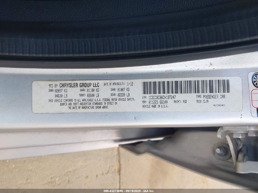 2012 Chrysler 200 Limited VIN: 1C3CCBCB6CN197247 Lot: 43273698