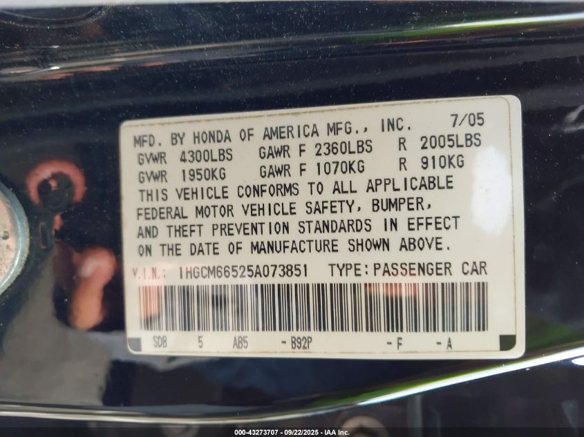 2005 Honda Accord 3.0 Ex VIN: 1HGCM66525A073851 Lot: 43273707