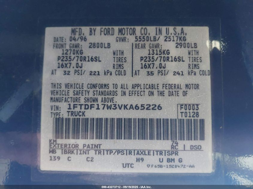 1997 Ford F-150 Lariat/Standard/Xl/Xlt VIN: 1FTDF17W3VKA65226 Lot: 43273712