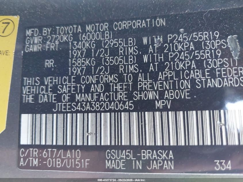 2008 Toyota Highlander Sport VIN: JTEES43A382040645 Lot: 43273724