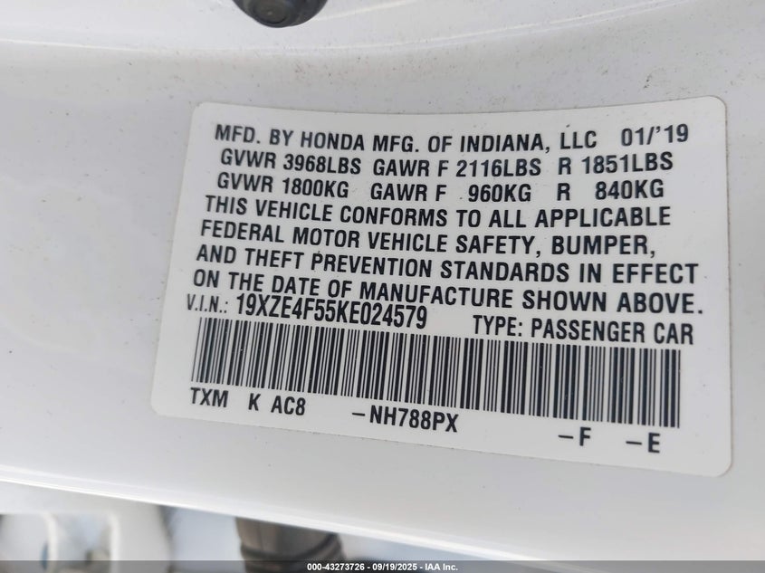 2019 HONDA INSIGHT EX - 19XZE4F55KE024579