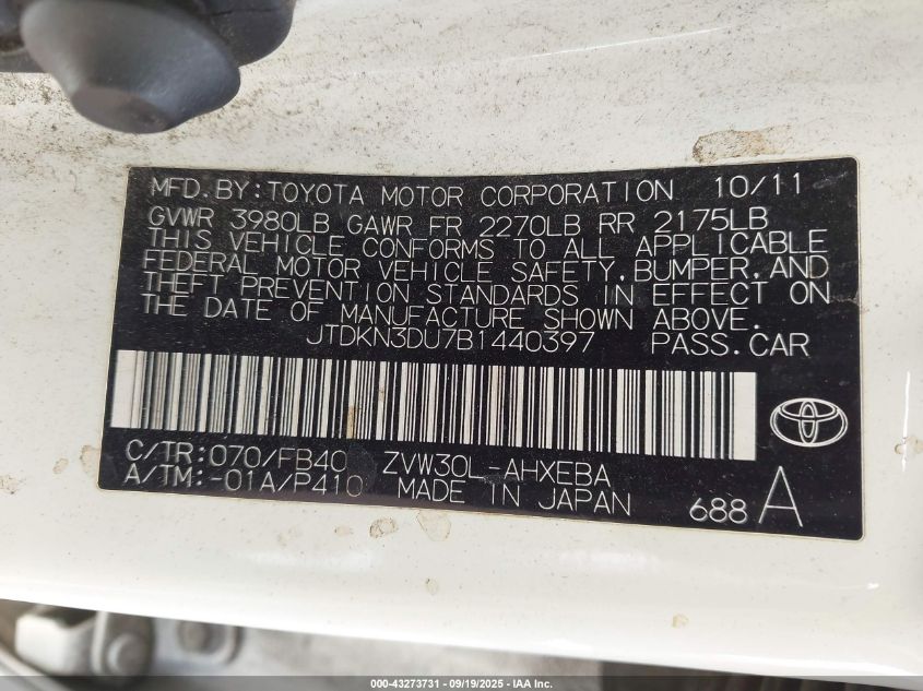 2011 Toyota Prius Two VIN: JTDKN3DU7B1440397 Lot: 43273731