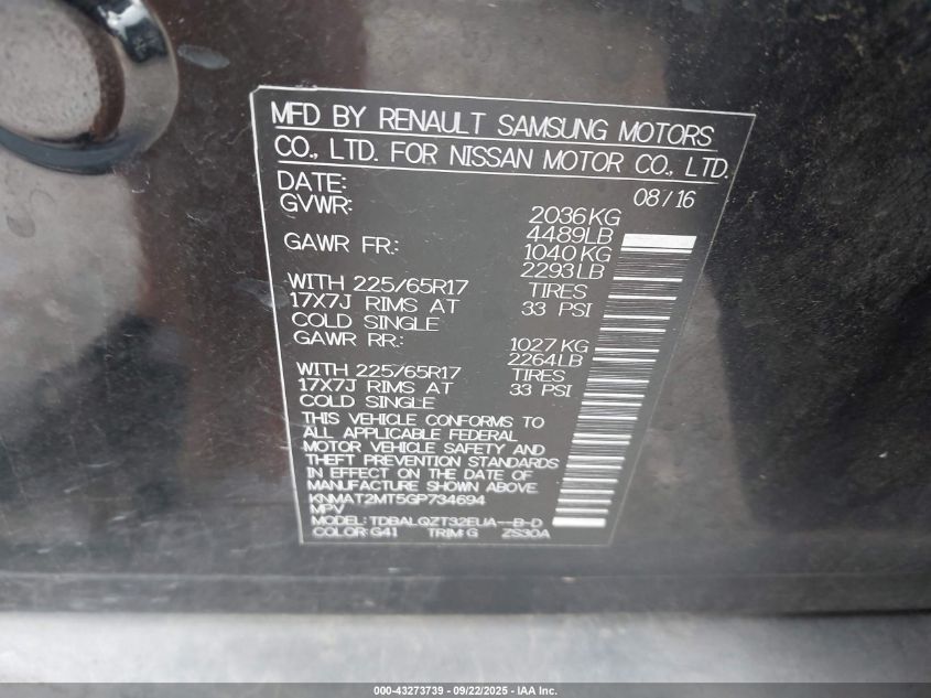 2016 Nissan Rogue Sv VIN: KNMAT2MT5GP734694 Lot: 43273739