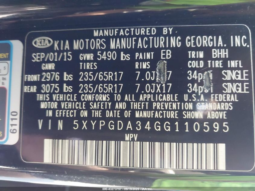 2016 Kia Sorento 2.4L Lx VIN: 5XYPGDA34GG110595 Lot: 43273757