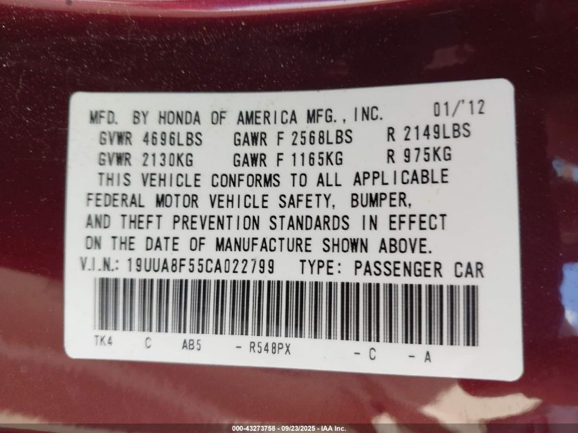 2012 Acura Tl 3.5 VIN: 19UUA8F55CA022799 Lot: 43273758